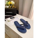 CHANEL denim chain herringbone slippers