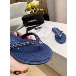 CHANEL denim chain herringbone slippers