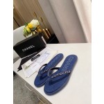 CHANEL denim chain herringbone slippers