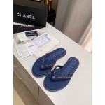 CHANEL denim chain herringbone slippers