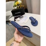 CHANEL denim chain herringbone slippers