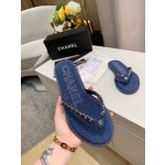 CHANEL denim chain herringbone slippers