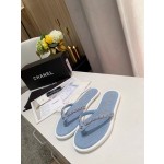 CHANEL denim chain herringbone slippers
