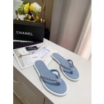 CHANEL denim chain herringbone slippers