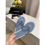 CHANEL denim chain herringbone slippers