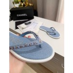 CHANEL denim chain herringbone slippers