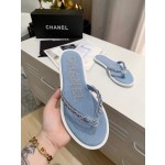 CHANEL denim chain herringbone slippers