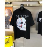 Philippe Plaine Men's Round Neck Short Sleeve T-shirt 3D Adhesive Letter Logo Skull Head