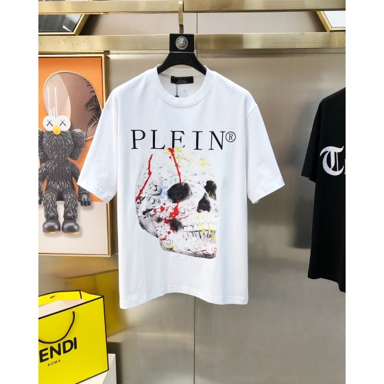Philippe Plaine Men's Round Neck Short Sleeve T-shirt 3D Adhesive Letter Logo Skull Head