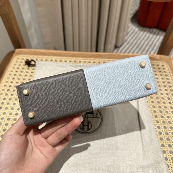 Mini Kelly Second Generation, Cumulonimbus Cloud Grey with Holy Grail Blue, palm print, gold buckle, 19cm