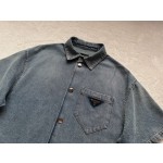 Prada Triangle Iron Brand Single breasted Washed Light Blue Denim Short Sleeve Shirt Coat
