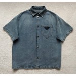 Prada Triangle Iron Brand Single breasted Washed Light Blue Denim Short Sleeve Shirt Coat