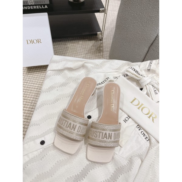 Dior silk style vintage embroidered leather sole slippers