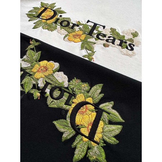Dior Heavy Industry Floral Embroidery Round Neck Short Sleeve