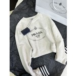 PRADA Letter Embroidered Contrast Rib Cuff Sweater