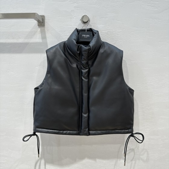 Prada short motorcycle bread jacket goose down leather vest