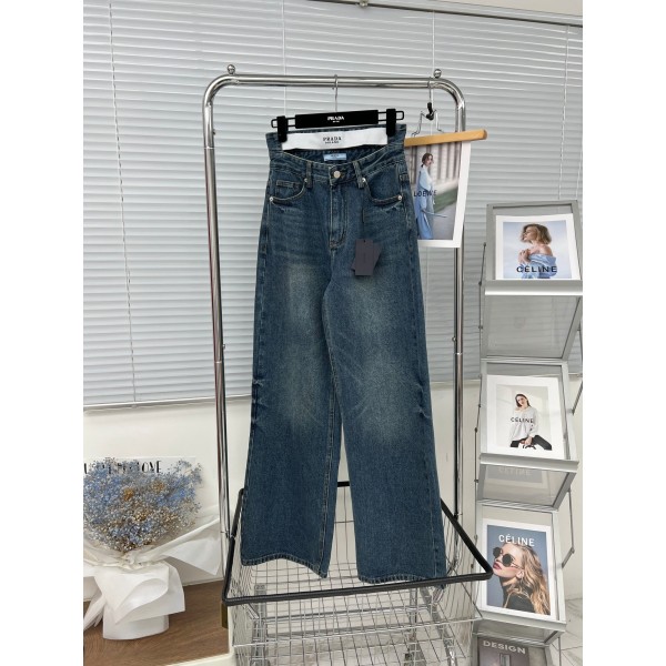 Prada Letter Waistband Hollow Back Pocket Triangle Logo Jeans