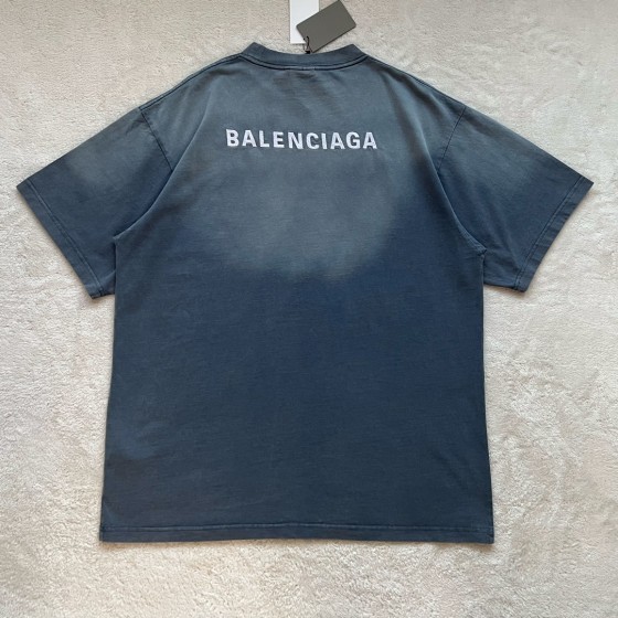 Balenciaga Gradient Aqua Small Embroidered Round Neck Short Sleeve