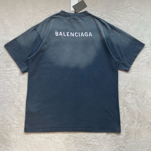 Balenciaga Gradient Aqua Small Embroidered Round Neck Short Sleeve