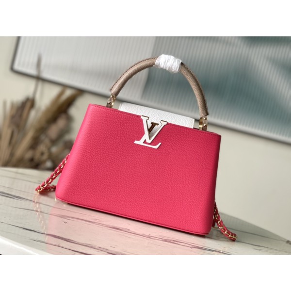 𝐋𝐎𝐔𝐈𝐒𝐕𝐔𝐈𝐓𝐓𝐎𝐍 M22752/M48865 Medium Raspberry Red with White Chain Strips This CAPUCINES handbag