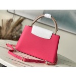 𝐋𝐎𝐔𝐈𝐒𝐕𝐔𝐈𝐓𝐓𝐎𝐍 M22752/M48865 Medium Raspberry Red with White Chain Strips This CAPUCINES handbag