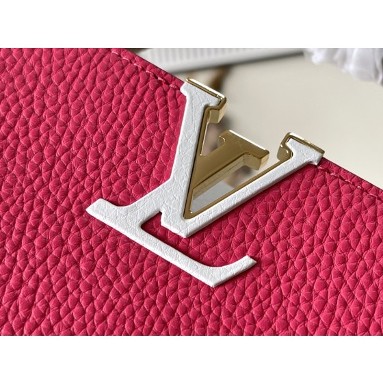 𝐋𝐎𝐔𝐈𝐒𝐕𝐔𝐈𝐓𝐓𝐎𝐍 M22752/M48865 Small Raspberry Red with White Chain Strips This CAPUCINES handbag