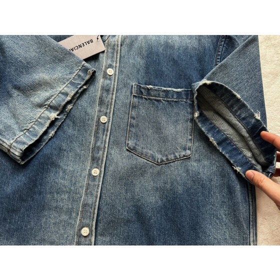 Balenciaga washed light blue denim short sleeved shirt jacket