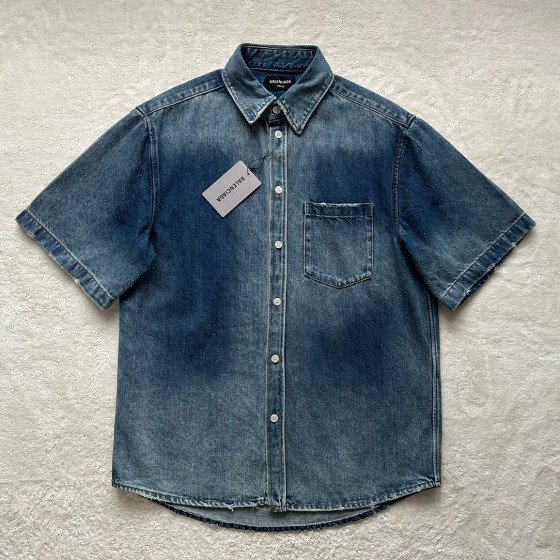 Balenciaga washed light blue denim short sleeved shirt jacket