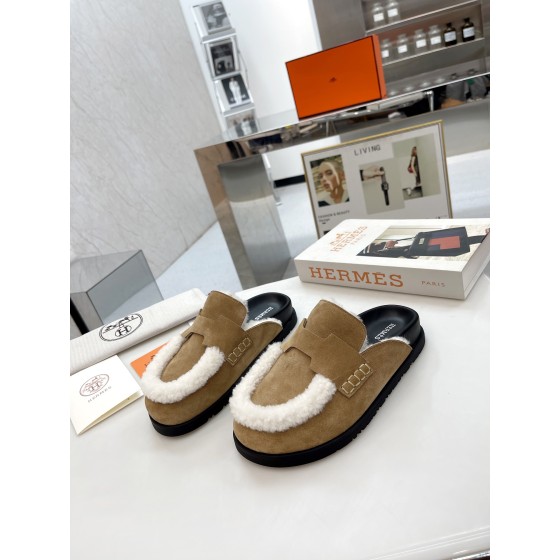 Hermes plush half slippers