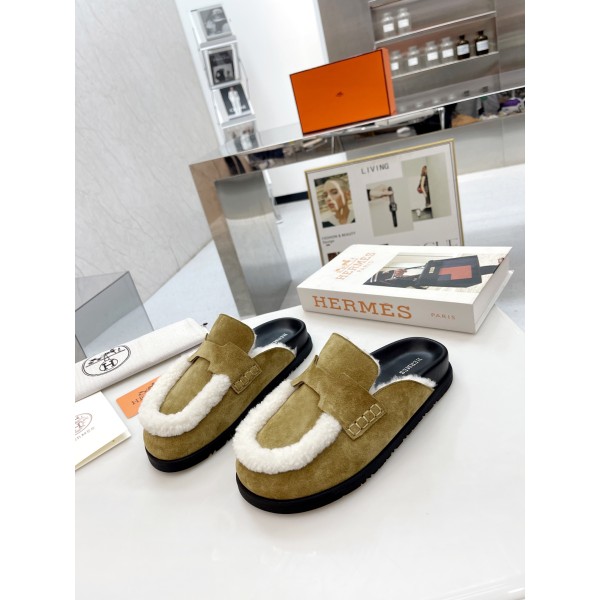 Hermes plush half slippers