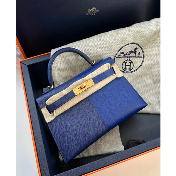 Kelly Mini 19cm three tone Epsom Ck71 French Blue/Ck73 Sapphire Blue with gold brown gold and silver clasp inside