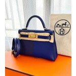 Kelly Mini 19cm three tone Epsom Ck71 French Blue/Ck73 Sapphire Blue with gold brown gold and silver clasp inside