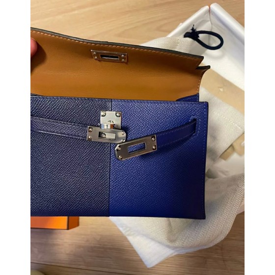 Kelly Mini 19cm three tone Epsom Ck71 French Blue/Ck73 Sapphire Blue with gold brown gold and silver clasp inside