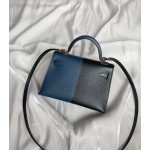 Mini Kelly 2nd Generation Three Panel Color 89 Black/2Z Midnight Blue Inner Panel 55 Red Gold Button Epsom