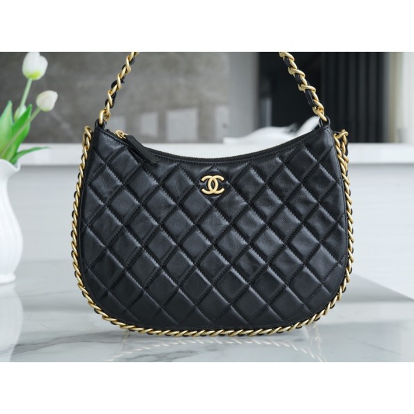 CHANEL 𝟮𝟯 B Handicraft Workshop 𝒉𝒐𝒃𝒐 Double Chain Underarm Bag Large Black