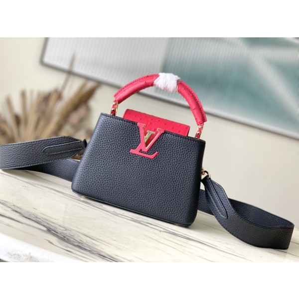 𝐋𝐎𝐔𝐈𝐒𝐕𝐔𝐈𝐓𝐓𝐎𝐍 N83103 Black and Red Ostrich Pattern Mini Capsines Handbag