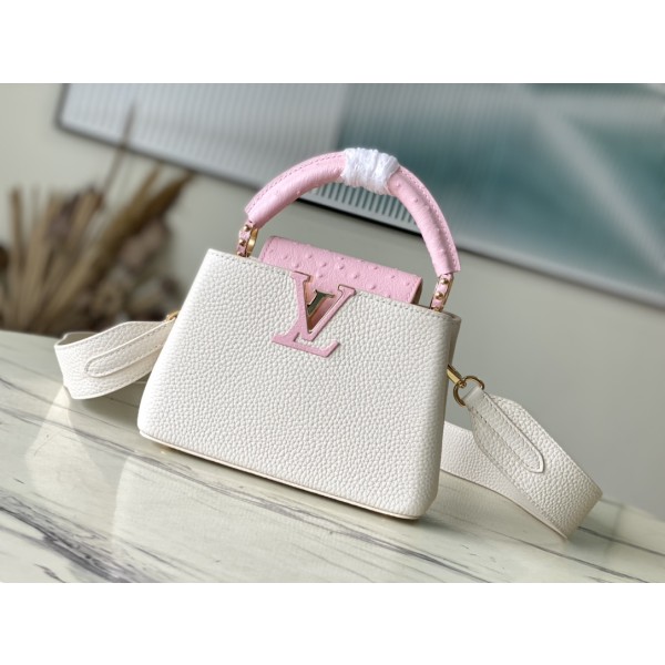 𝐋𝐎𝐔𝐈𝐒𝐕𝐔𝐈𝐓𝐓𝐎𝐍 N83103 Milk Shake White Powder Ostrich Pattern Mini Capsines Handbag