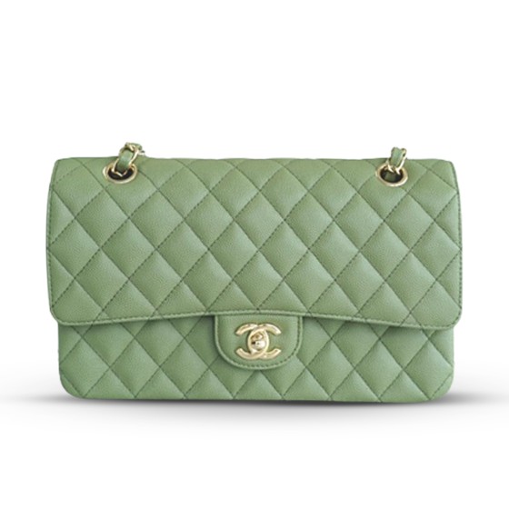 𝐂𝐇𝐀𝐍𝐄𝐋 Classic Flap France 🇫🇷 𝐇𝐇 𝐚𝐚𝐬 Original Caviar 🐂 Washed Tire Ox Medium 🐘Grass green