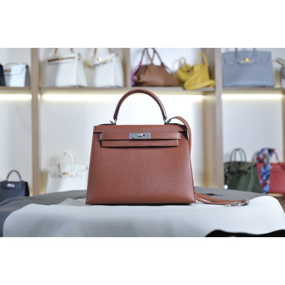 Kelly 28 brick red silver buckle French sheepskin