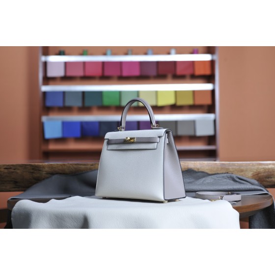 Kelly25 Milkshake White with Pitch Gray Gold Buckle Epsom Leather