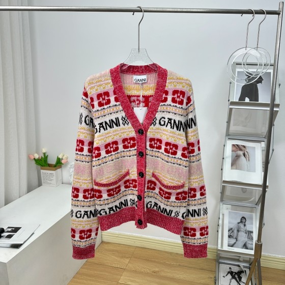 GANNI jacquard pattern college style knit cardigan