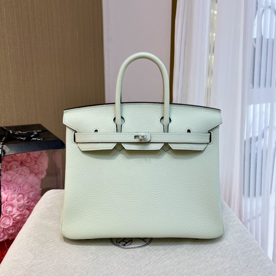 Birkin 25cm original imported Togo calfskin air bubble green silver buckle All handmade beeswax thread stitching