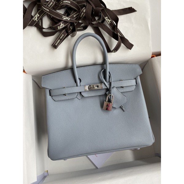 Birkin 25cm Epsom Leather Linen Blue Silver Buckle