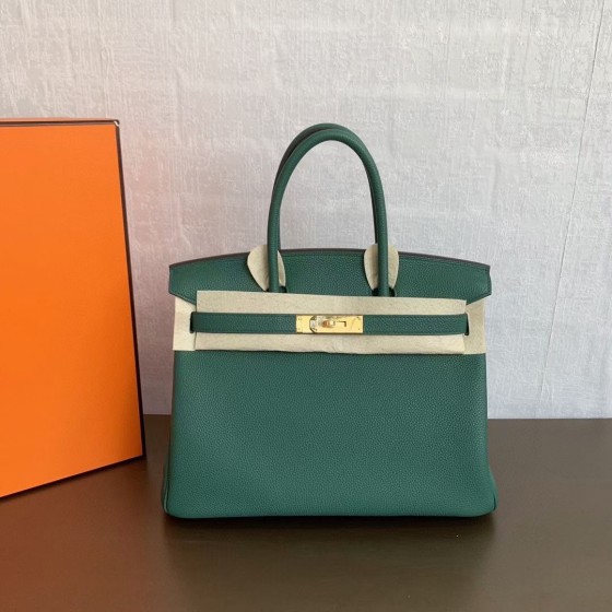 Birkin 30cm peacock green gold buckle imported Togo leather beeswax thread stitching