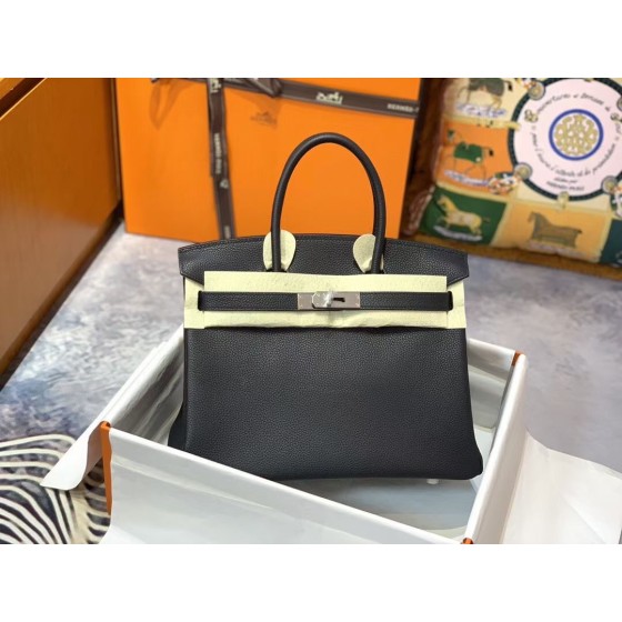 Birkin 30cm Black Silver buckle Imported Togo leather Beeswax thread stitching