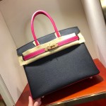 Birkin 30Cm Epsom 89 Noir Black spell E5 Rose Tyrien Rose gold buckle Top craftsmanship Hand-stitched waxed thread