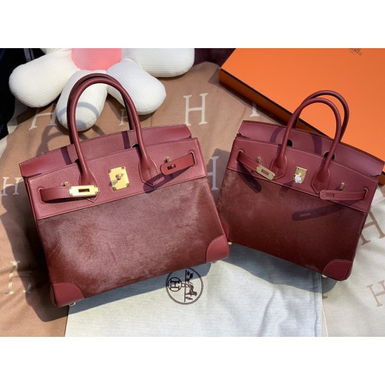 birkin30/25 burgundy imported fetal cow hair spelling swift all handmade gold buckle