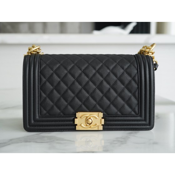 𝗖𝗵𝗮𝗻𝗲𝗹 𝗟𝗲𝗯𝗼𝘆 Imported custom caviar calfskin:Small ball pattern Medium Black Gold