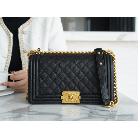 𝗖𝗵𝗮𝗻𝗲𝗹 𝗟𝗲𝗯𝗼𝘆 Imported custom caviar calfskin:Large ball pattern Medium Black Gold