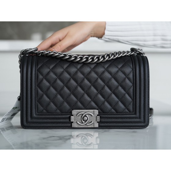 𝗖𝗵𝗮𝗻𝗲𝗹 𝗟𝗲𝗯𝗼𝘆 Imported custom caviar calfskin:Large ball pattern Medium Black Silver